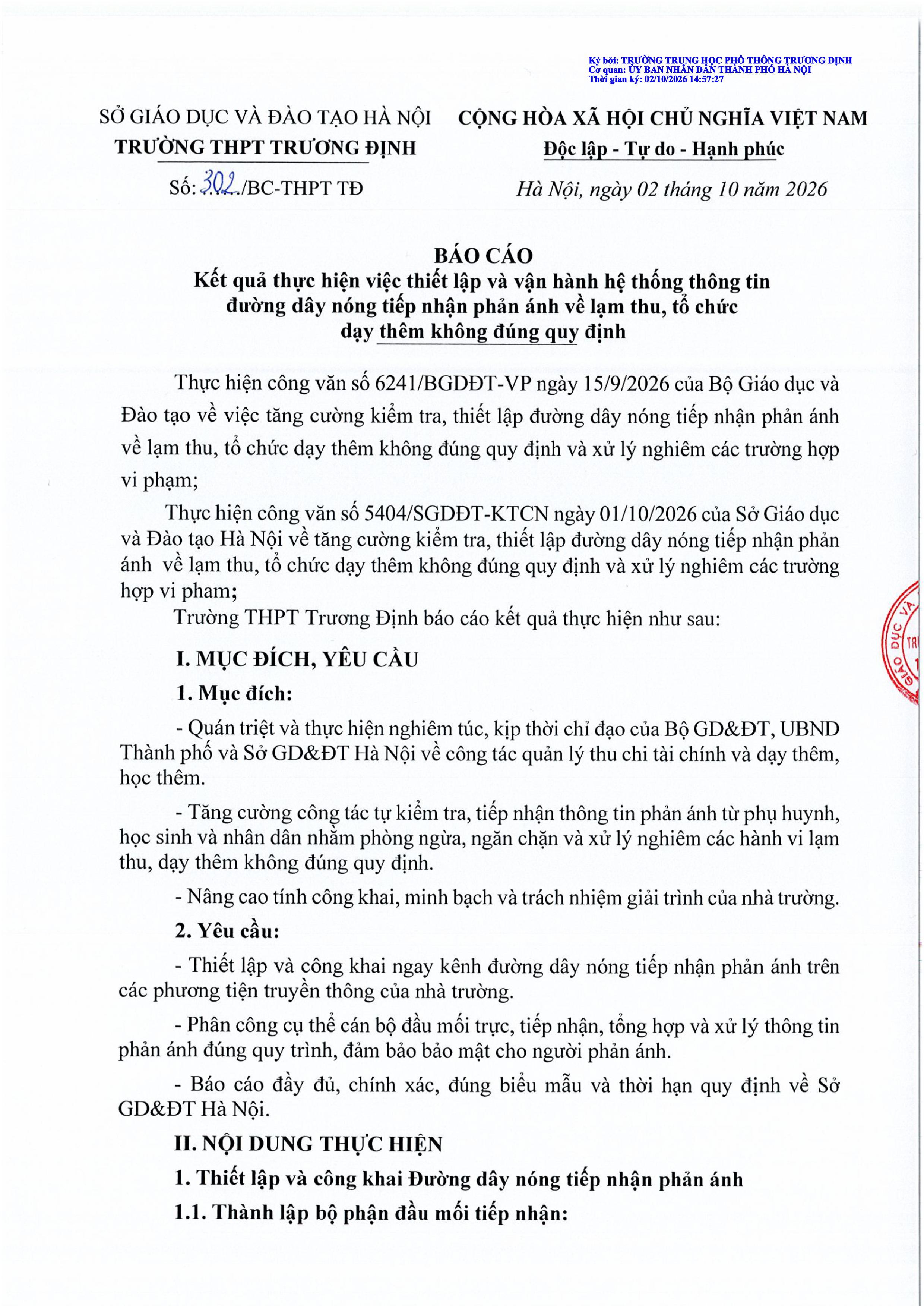 Báo cáo kết quả thực hiện việc thiết lập và vận hành hệ thống thông tin đường dây nóng tiếp nhận phản ánh về lạm thu, tổ chức dạy thêm không đúng quy định