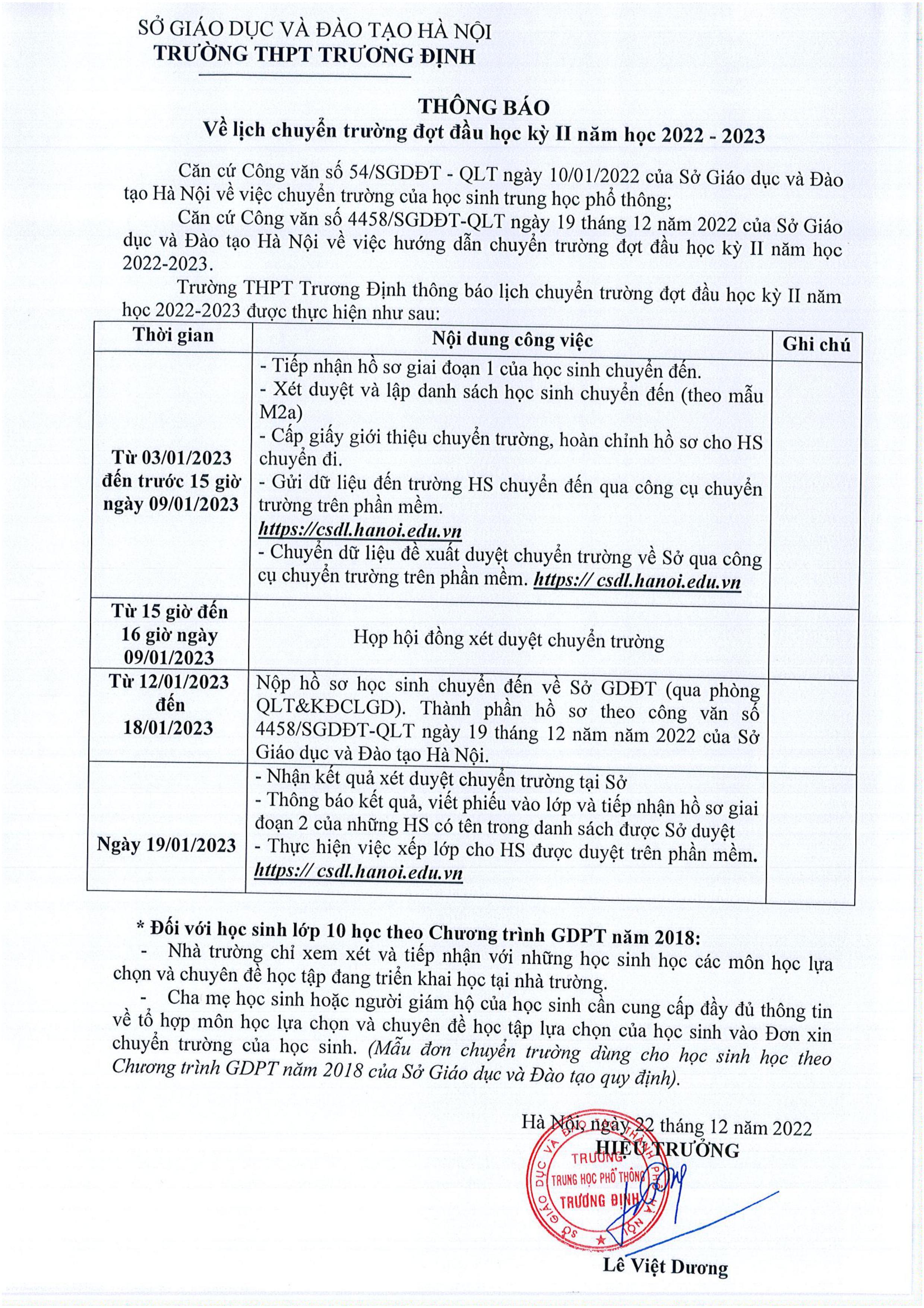 Thông báo về lịch chuyển trường đầu HK2 năm học 2022-2023